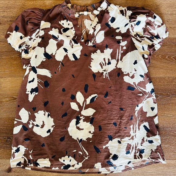 Entro XL Floral Puff Sleeve Blouse Brown Cream Ruffle Neck Boho Boutique Top - Picture 4 of 7